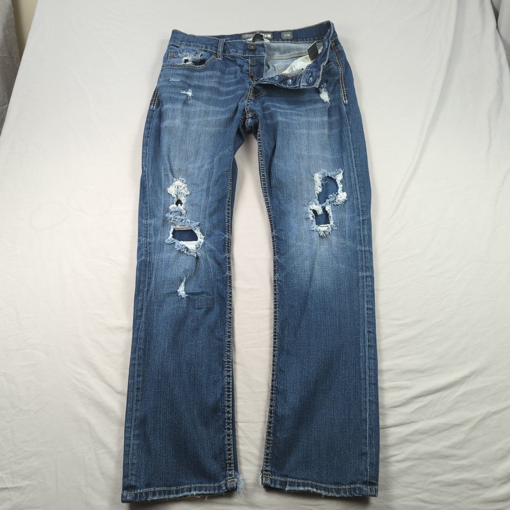 BKE Jeans Mens 34x32 Blue Jake Straight Faded Whiskers Button Fly Distressed